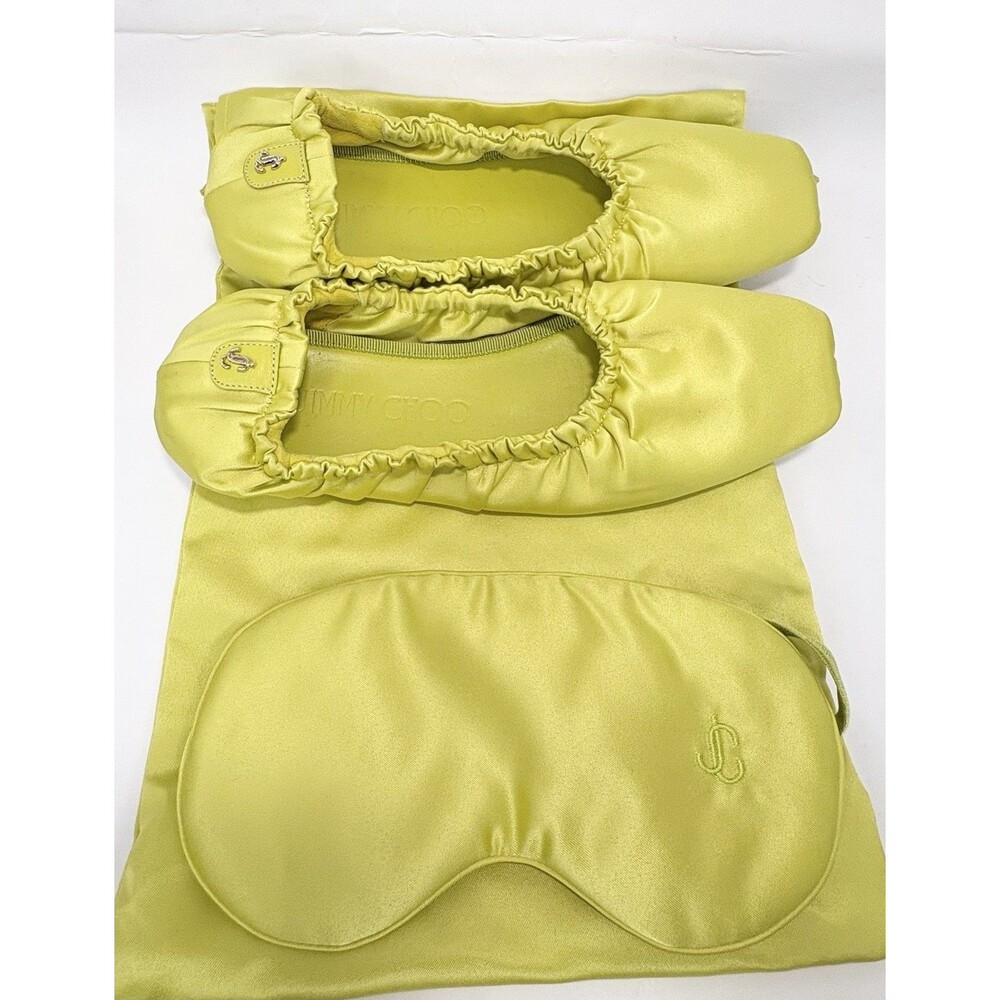 Jimmy Choo Bardo Flat Satin Slippers w Silk Eye Mask Gift Set Lime Green EU 36 6 - Picture 2 of 14